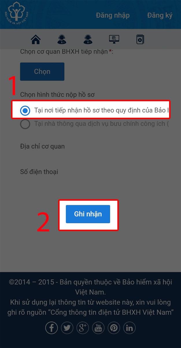 Chọn hình thức nộp và nhấn Ghi nhận