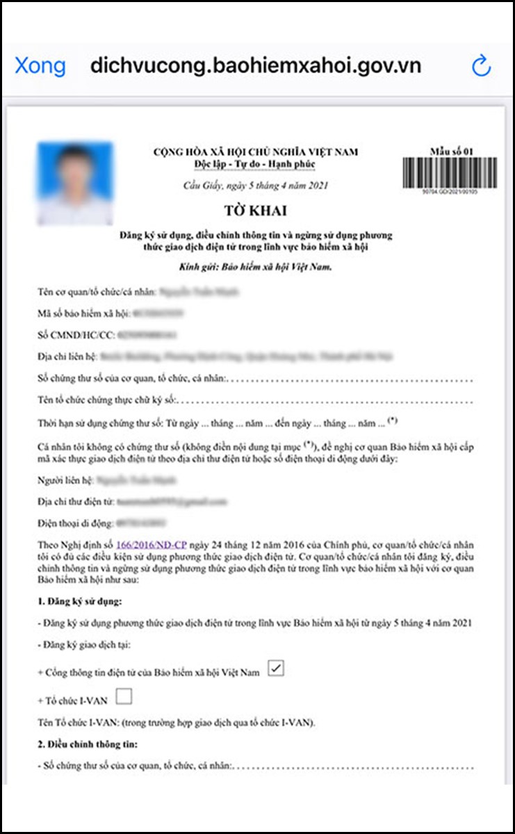 Ảnh tờ khai online