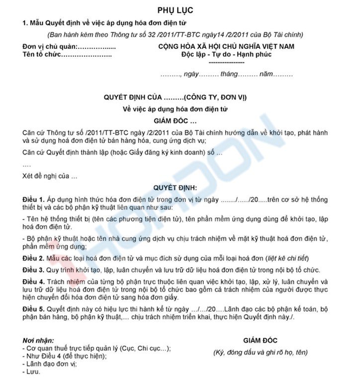 Mẫu số 1 Phụ lục Thông tư 32/2011/TT-BTC