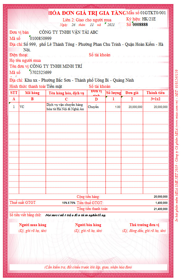 Hình 3: Ảnh minh họa hóa đơn giảm 30% thuế GTGT năm 2021