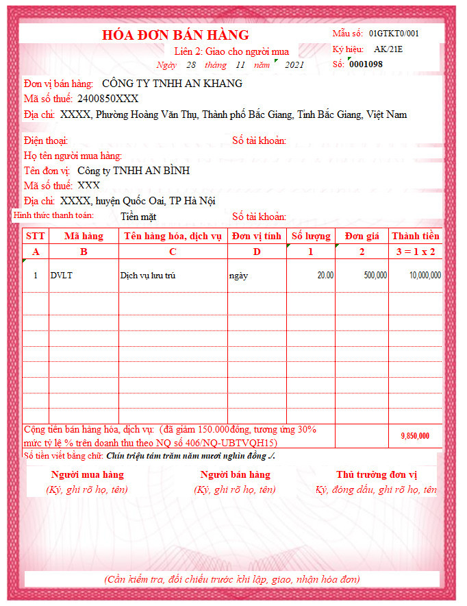 Hình 4: Ảnh minh họa hóa đơn giảm 30% thuế GTGT theo phương pháp trực tiếp tỷ lệ % trên doanh thu